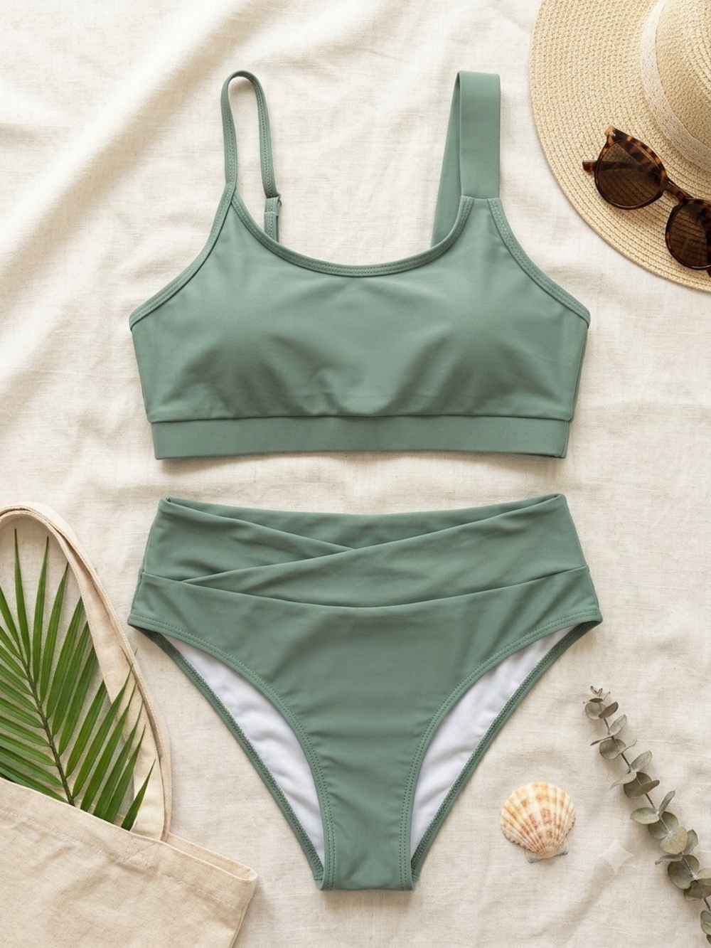 High-Waist Two-Piece Swim Set in Sage Green